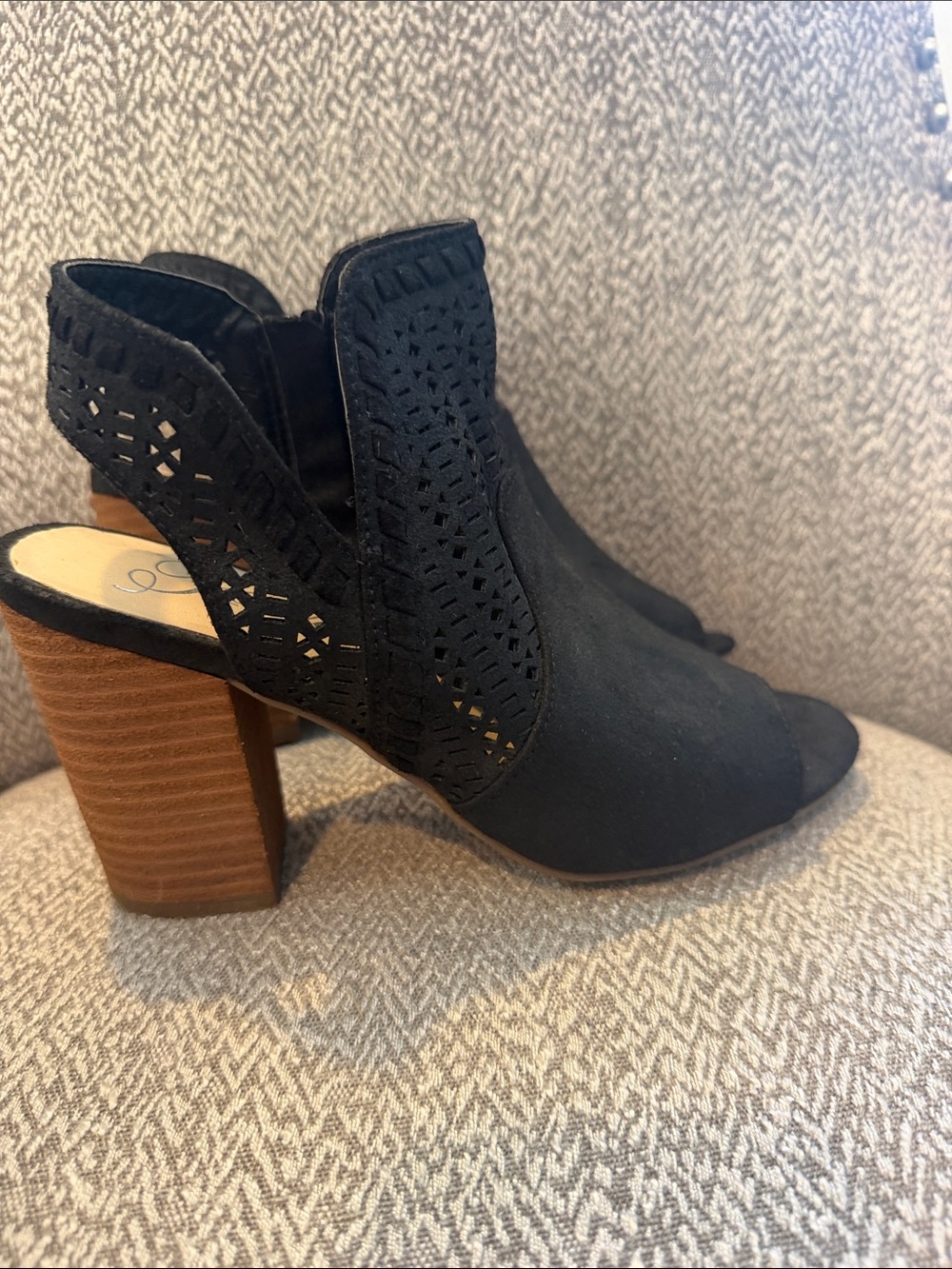 Fergie Black Peep-Toe Laser-Cut Mule Booties